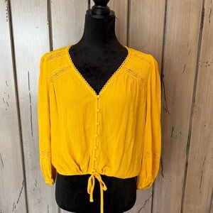 Forever 21 Mustard Button-Front V-Neck Tie-Hem Blouse
